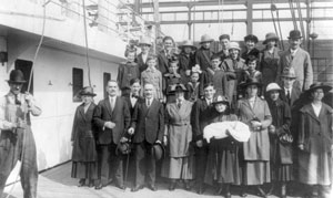 Black and white group photo from Ellis Island